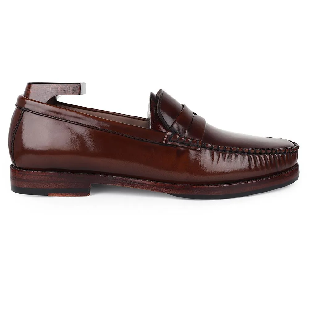 Tan Brushed Glossy Classic Moccasins With Plain Leather Sole
