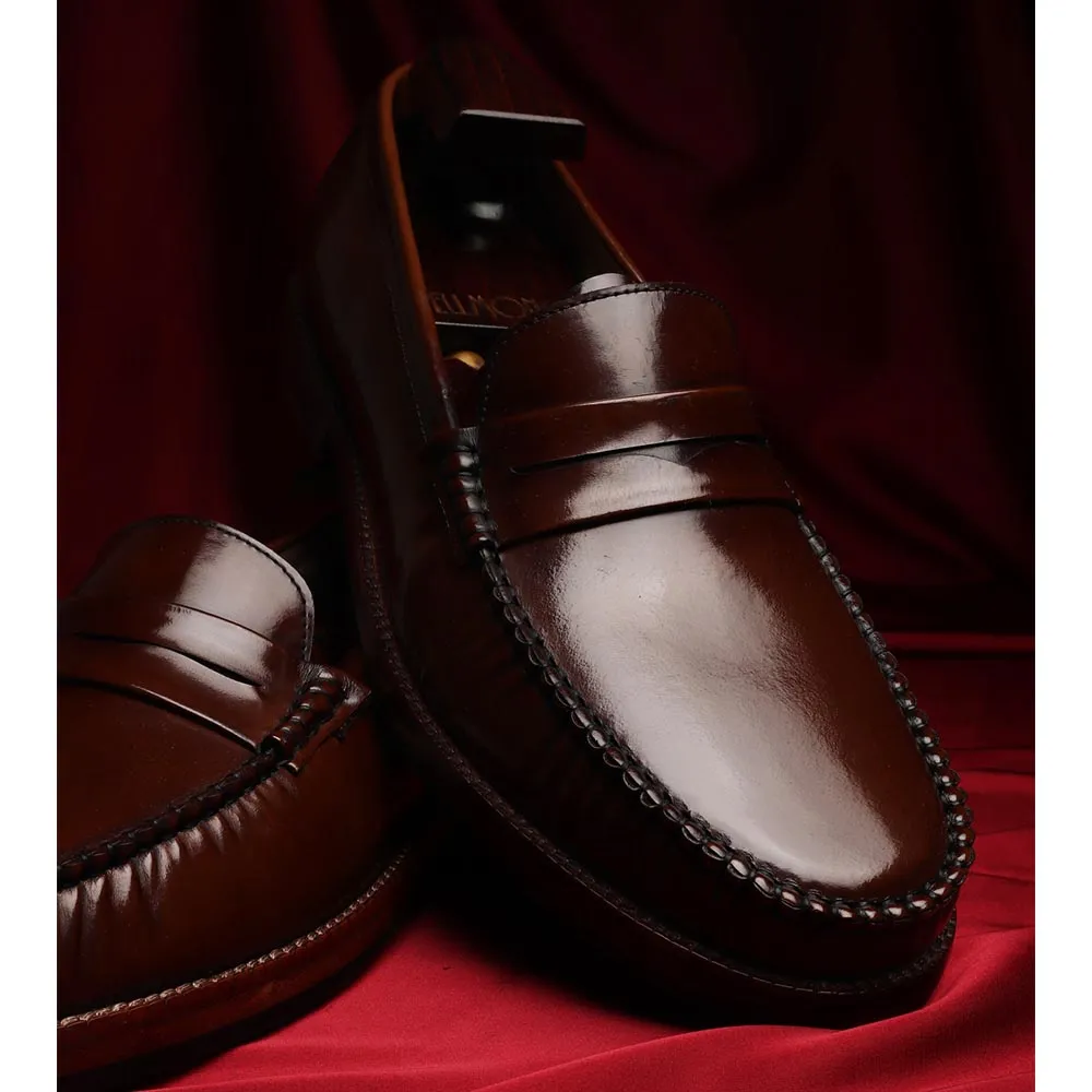 Tan Brushed Glossy Classic Moccasins With Plain Leather Sole