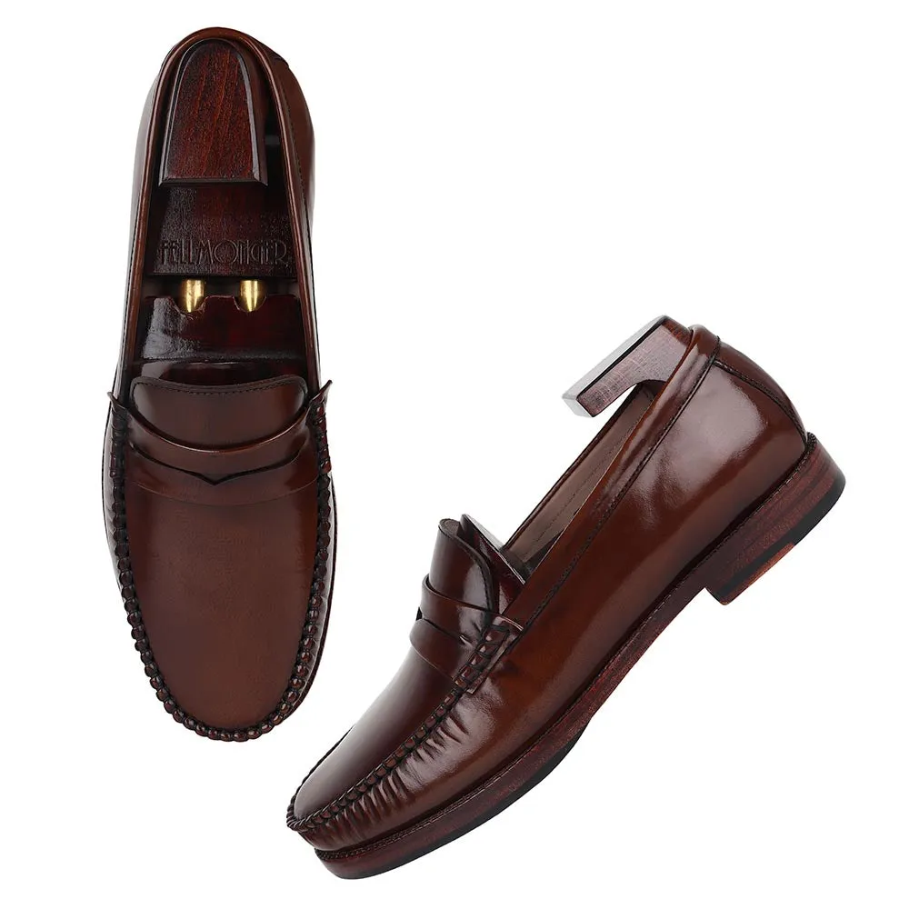 Tan Brushed Glossy Classic Moccasins With Plain Leather Sole