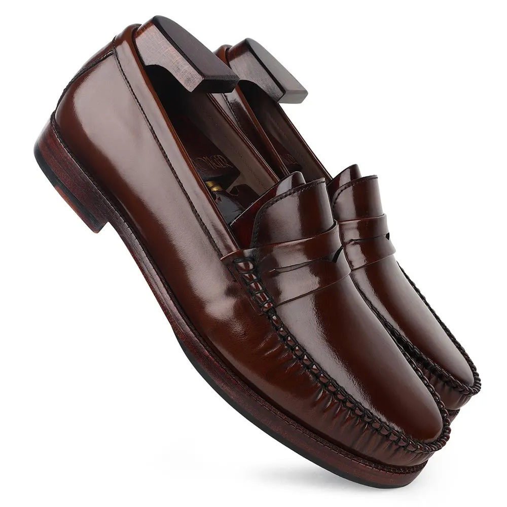 Tan Brushed Glossy Classic Moccasins With Plain Leather Sole