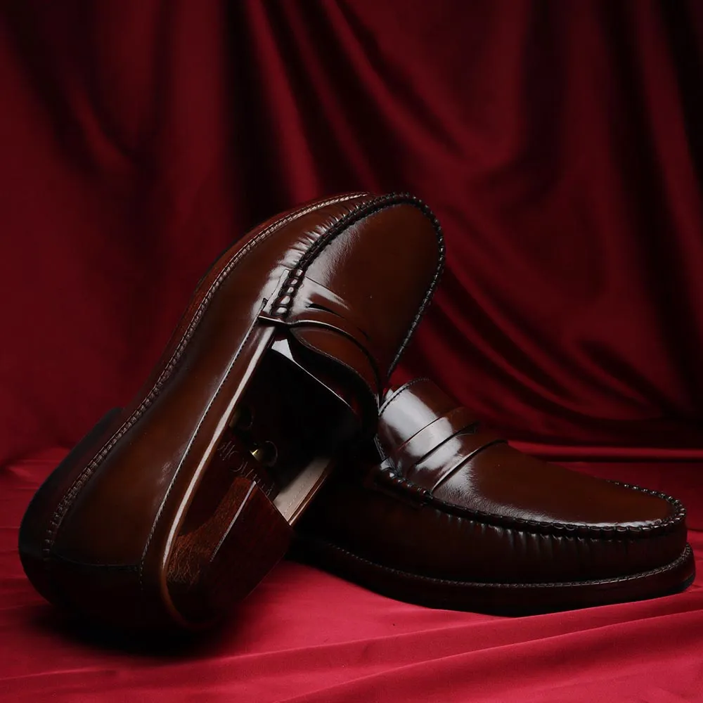 Tan Brushed Glossy Classic Moccasins With Plain Leather Sole