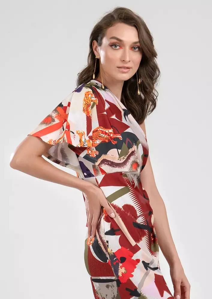 Tiger Print One Shoulder Fringe Hem Wrap Midi Dress