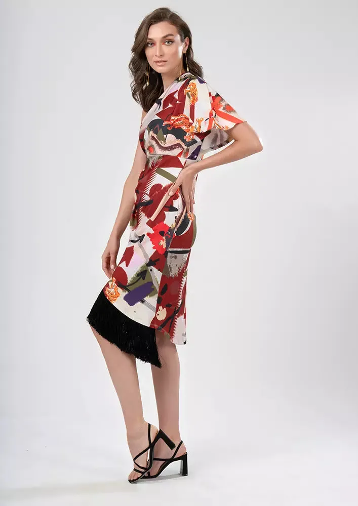 Tiger Print One Shoulder Fringe Hem Wrap Midi Dress