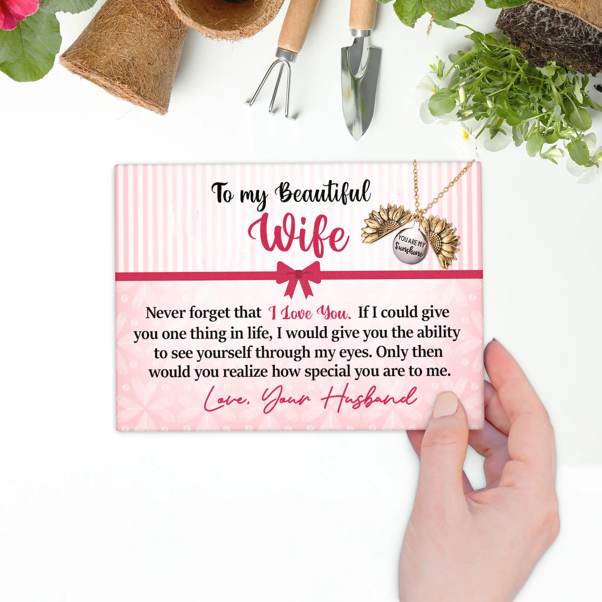 To My Beautiful Wife - Love Husband - Canvas Message Card With Sunflower Necklace - PRICE INCLUDES FREE SHIPPING
