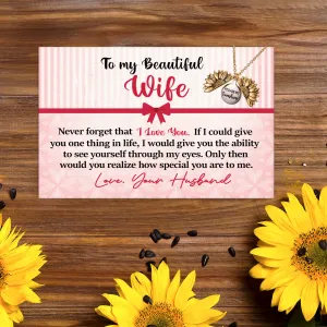 To My Beautiful Wife - Love Husband - Canvas Message Card With Sunflower Necklace - PRICE INCLUDES FREE SHIPPING