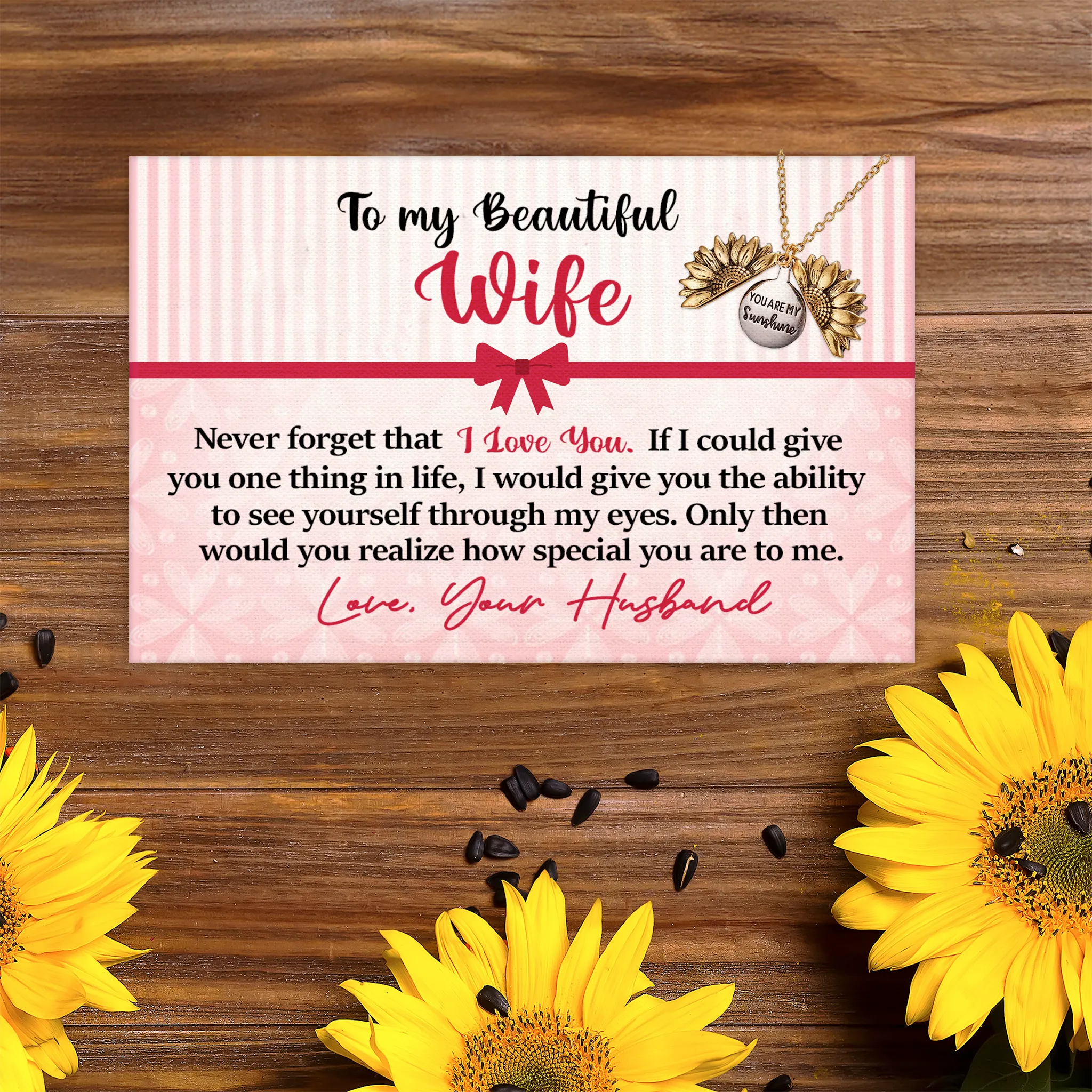 To My Beautiful Wife - Love Husband - Canvas Message Card With Sunflower Necklace - PRICE INCLUDES FREE SHIPPING