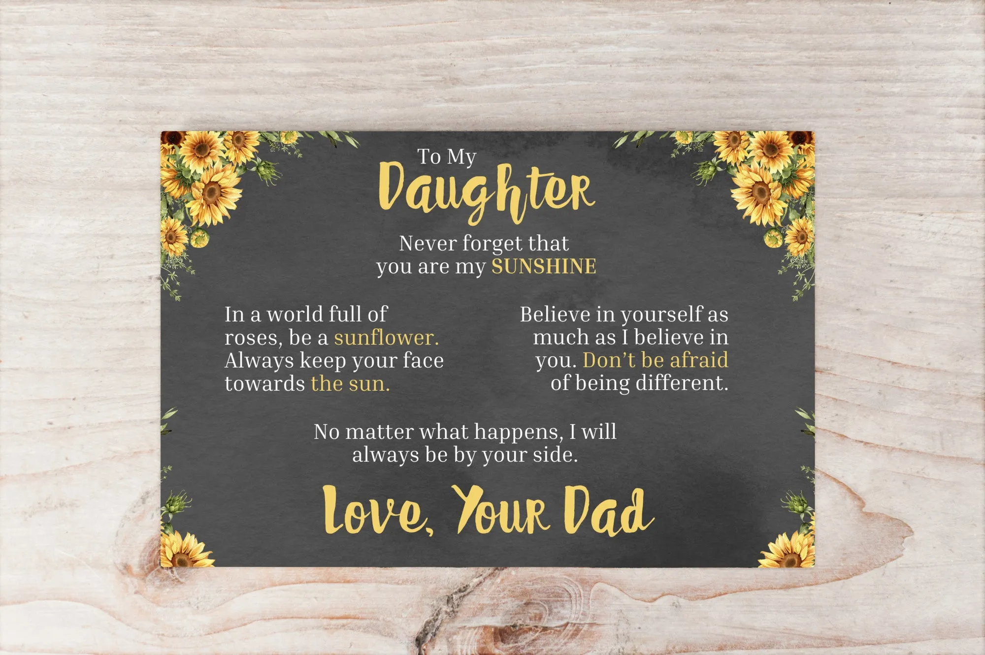 To My Daughter - You Are My Sunshine - Love Dad - Canvas Message Card With Sunflower Necklace - PRICE INCLUDES FREE SHIPPING