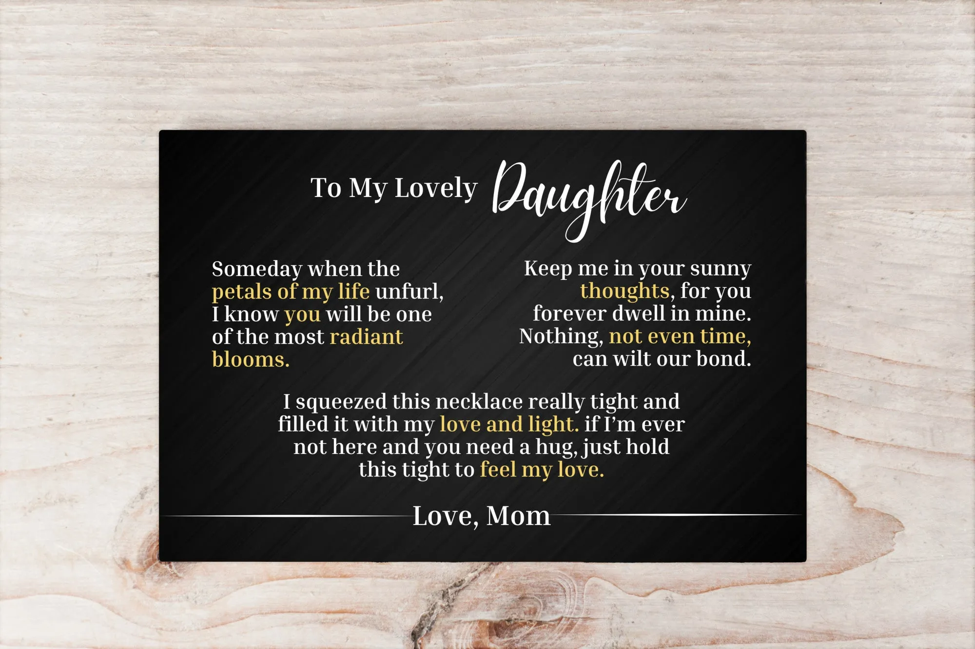 To My Lovely Daughter - Love Mom - Canvas Message Card With Sunflower Necklace - PRICE INCLUDES FREE SHIPPING
