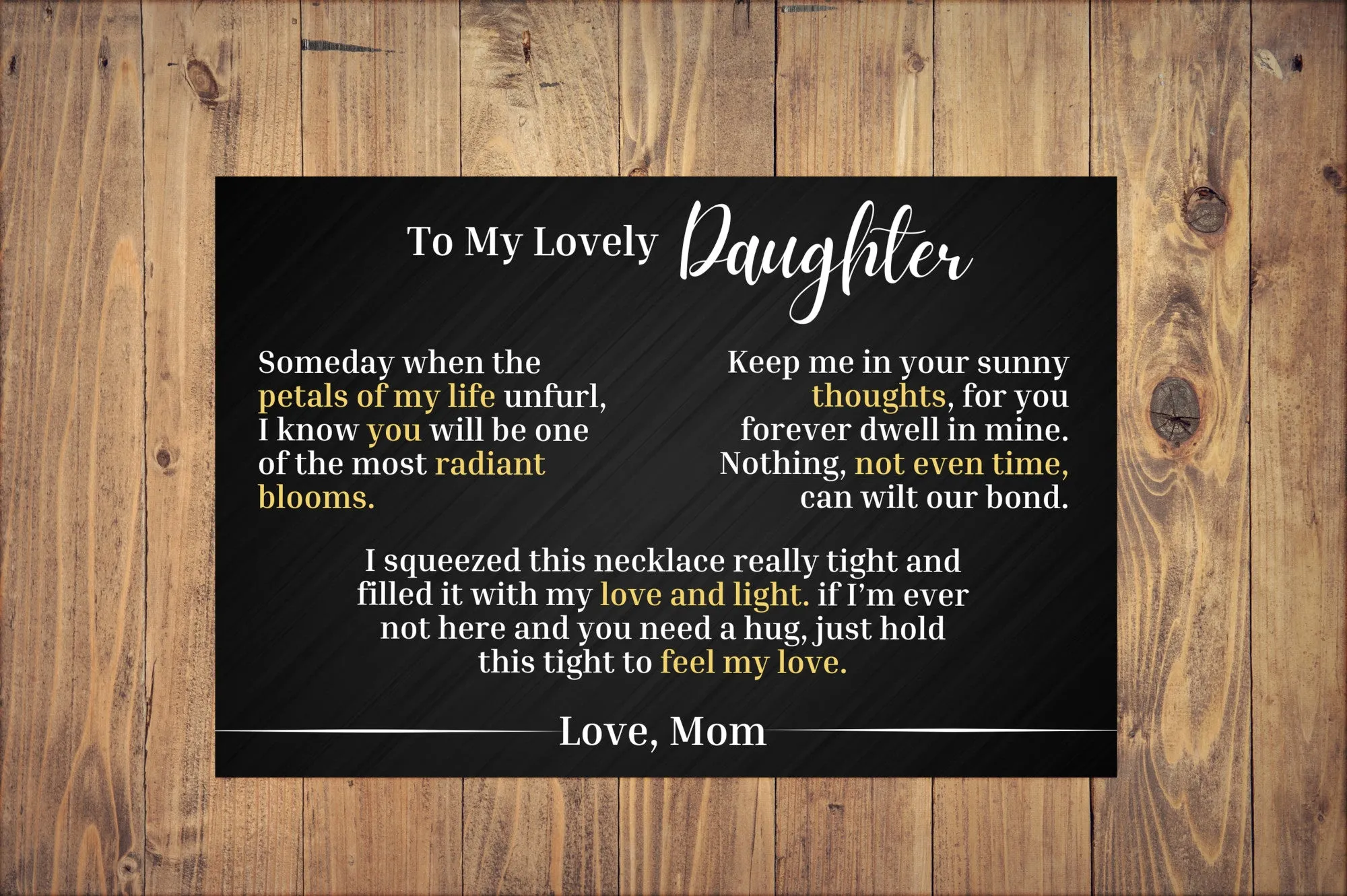 To My Lovely Daughter - Love Mom - Canvas Message Card With Sunflower Necklace - PRICE INCLUDES FREE SHIPPING