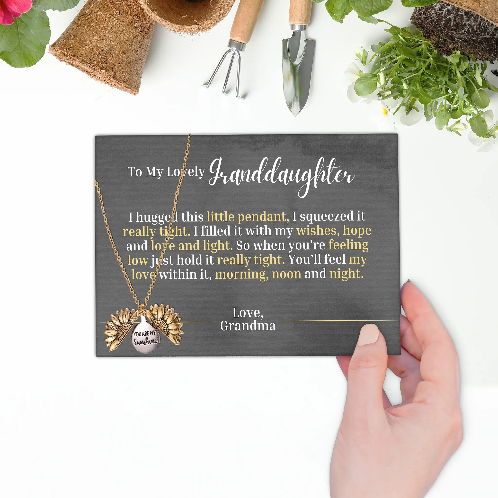 To My Lovely Granddaughter - Love Grandma - Canvas Message Card With Sunflower Necklace - PRICE INCLUDES FREE SHIPPING