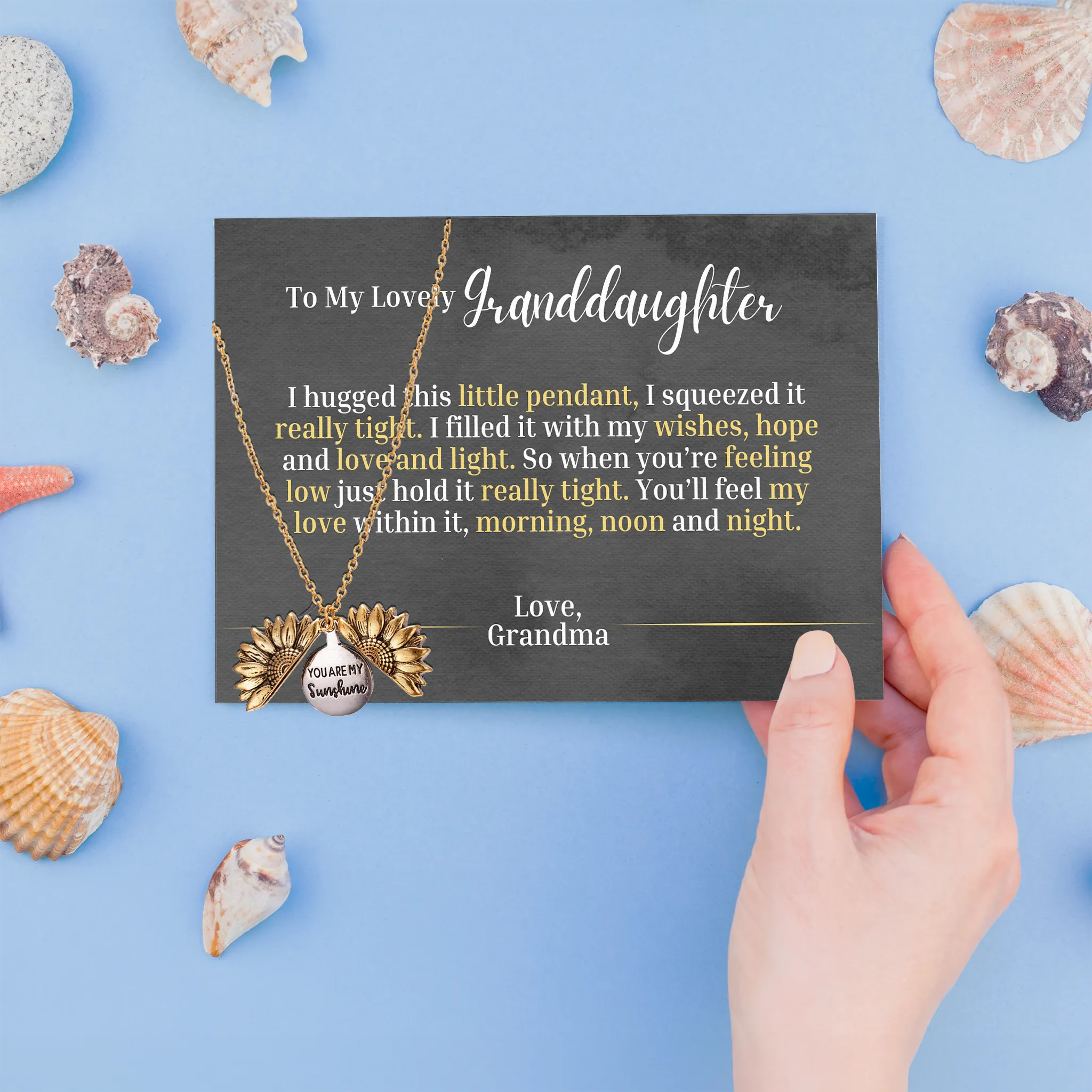 To My Lovely Granddaughter - Love Grandma - Canvas Message Card With Sunflower Necklace - PRICE INCLUDES FREE SHIPPING