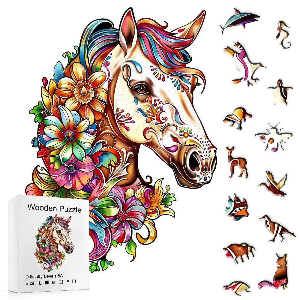 Unique Animal Wooden Jigsaw Puzzles, Horse Laser Cut puzzle, Unique Flower Horse Shape Challenge, DIY Crafts, Educational Toys for Adults and Kids, Perfect Gift Idea, Christmas gift Idea 188