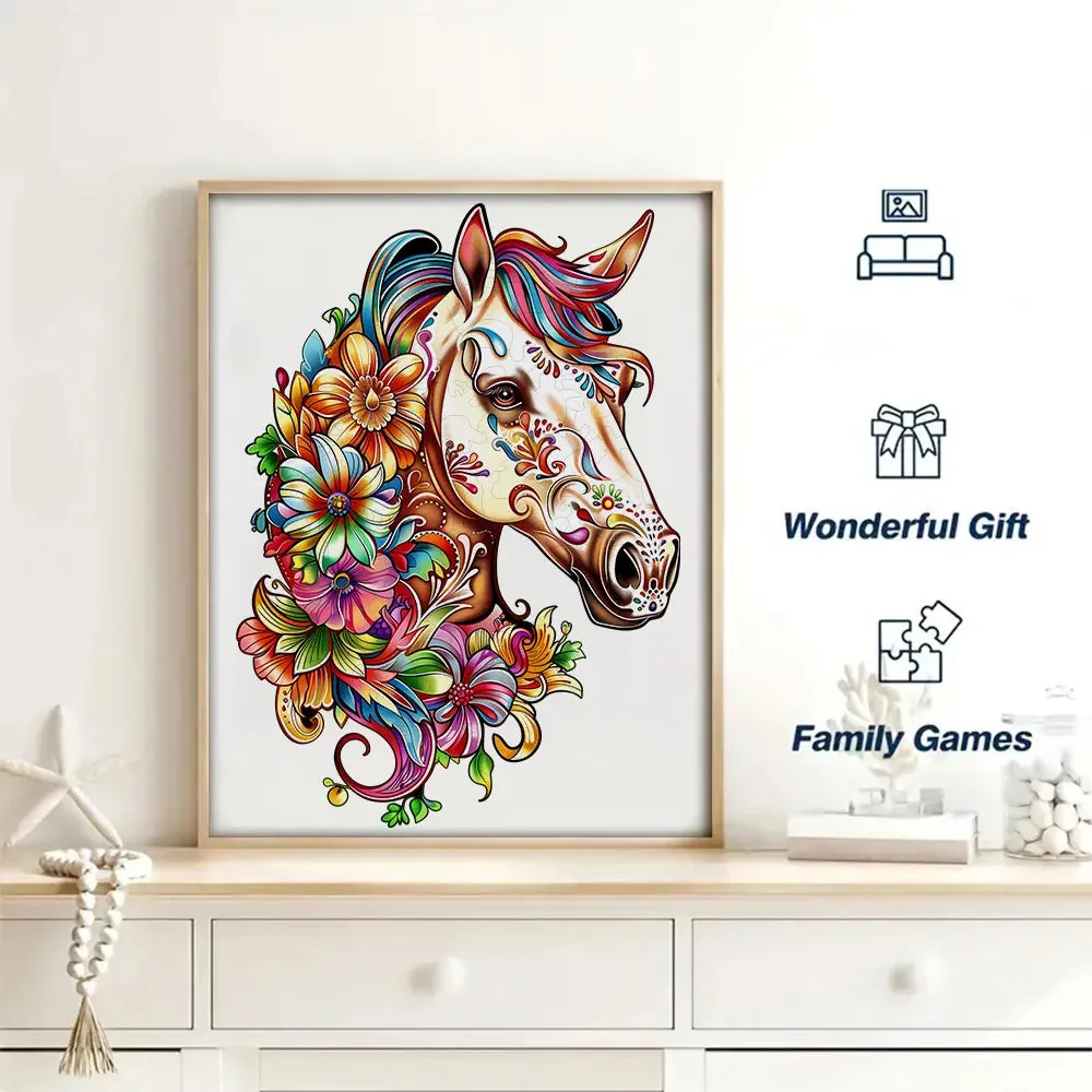 Unique Animal Wooden Jigsaw Puzzles, Horse Laser Cut puzzle, Unique Flower Horse Shape Challenge, DIY Crafts, Educational Toys for Adults and Kids, Perfect Gift Idea, Christmas gift Idea 188