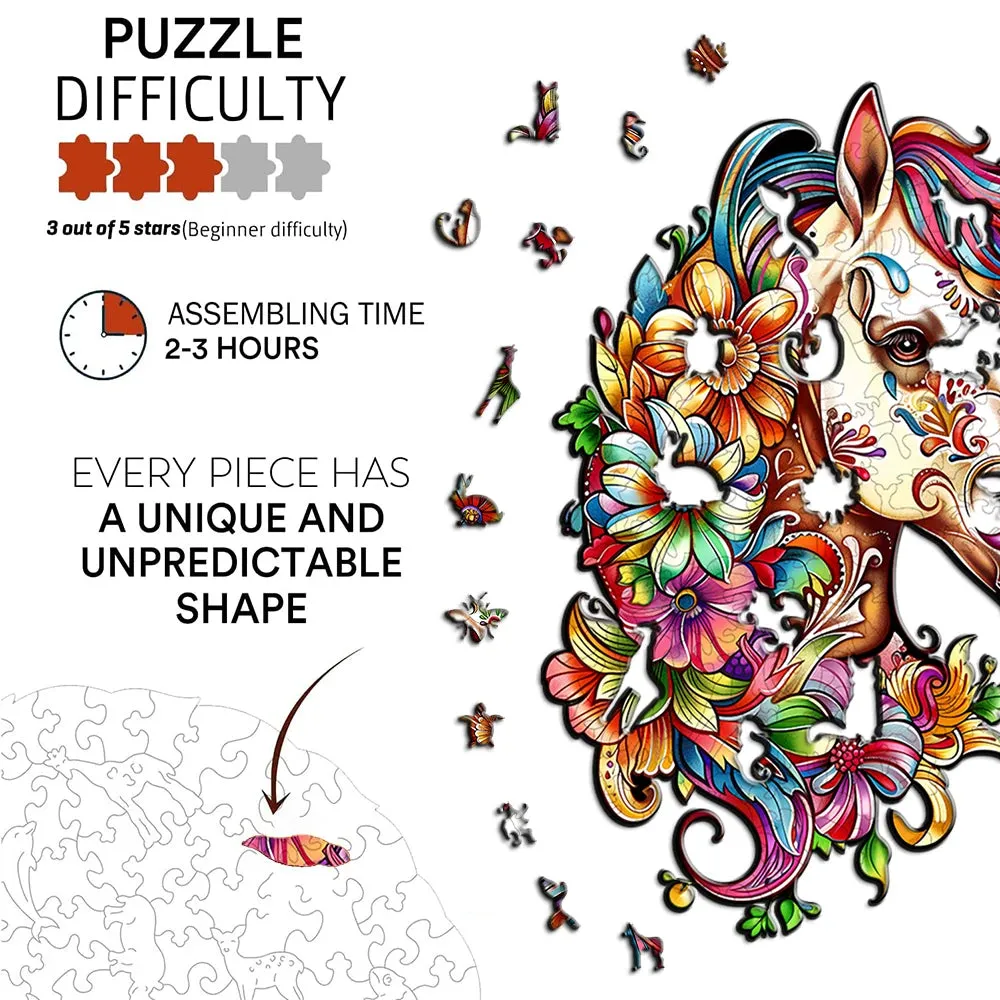 Unique Animal Wooden Jigsaw Puzzles, Horse Laser Cut puzzle, Unique Flower Horse Shape Challenge, DIY Crafts, Educational Toys for Adults and Kids, Perfect Gift Idea, Christmas gift Idea 188