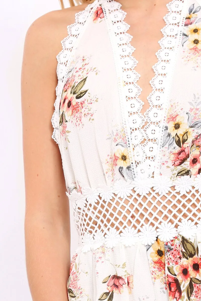 White Floral Crochet Plunge Playsuit - Unice