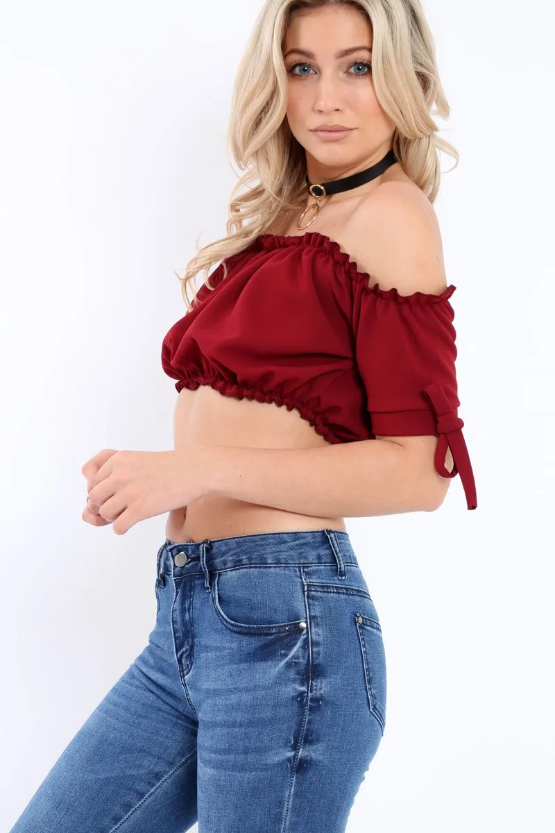 Wine Ruched Bardot Gypsy Crop Top - Janette