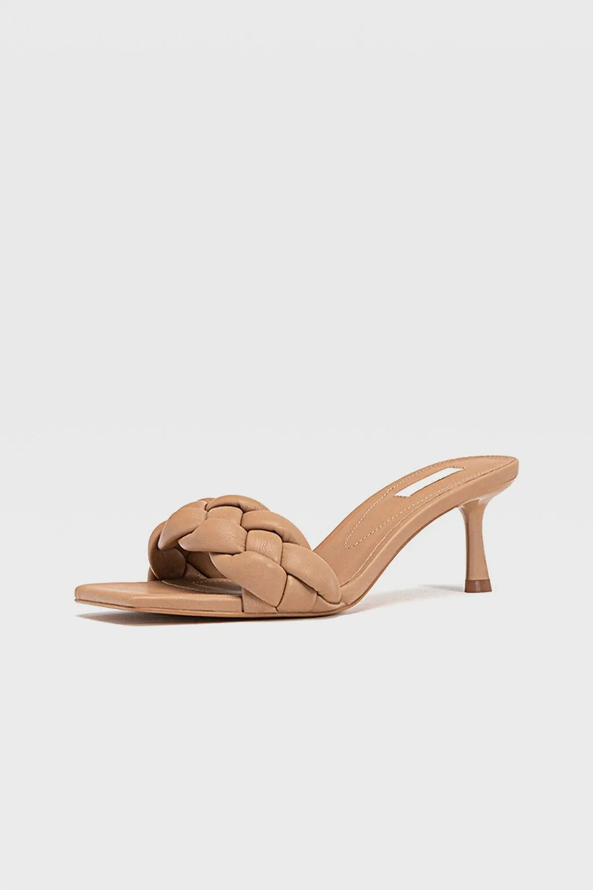 Women's Wide Fit Square Peep Toe leather Woven Mules Chunky Braid Heels  Padded Kitten Sandal In Nude