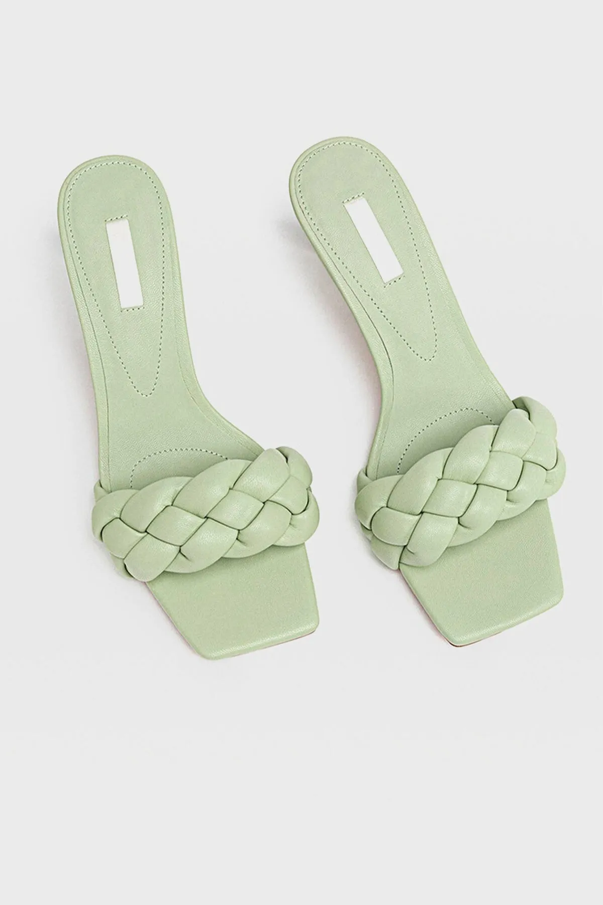 Women's Wide Fit Square Peep Toe leather Woven Mules Chunky Braid Heels  Padded Kitten Sandal In Nude