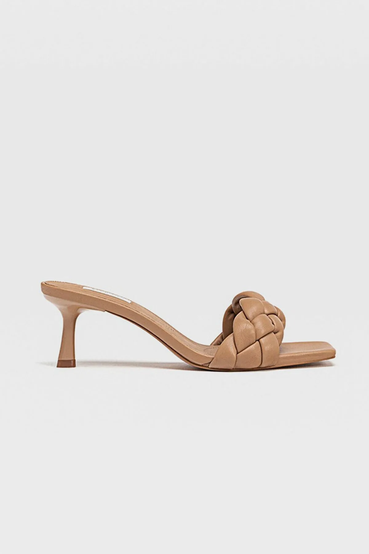 Women's Wide Fit Square Peep Toe leather Woven Mules Chunky Braid Heels  Padded Kitten Sandal In Nude