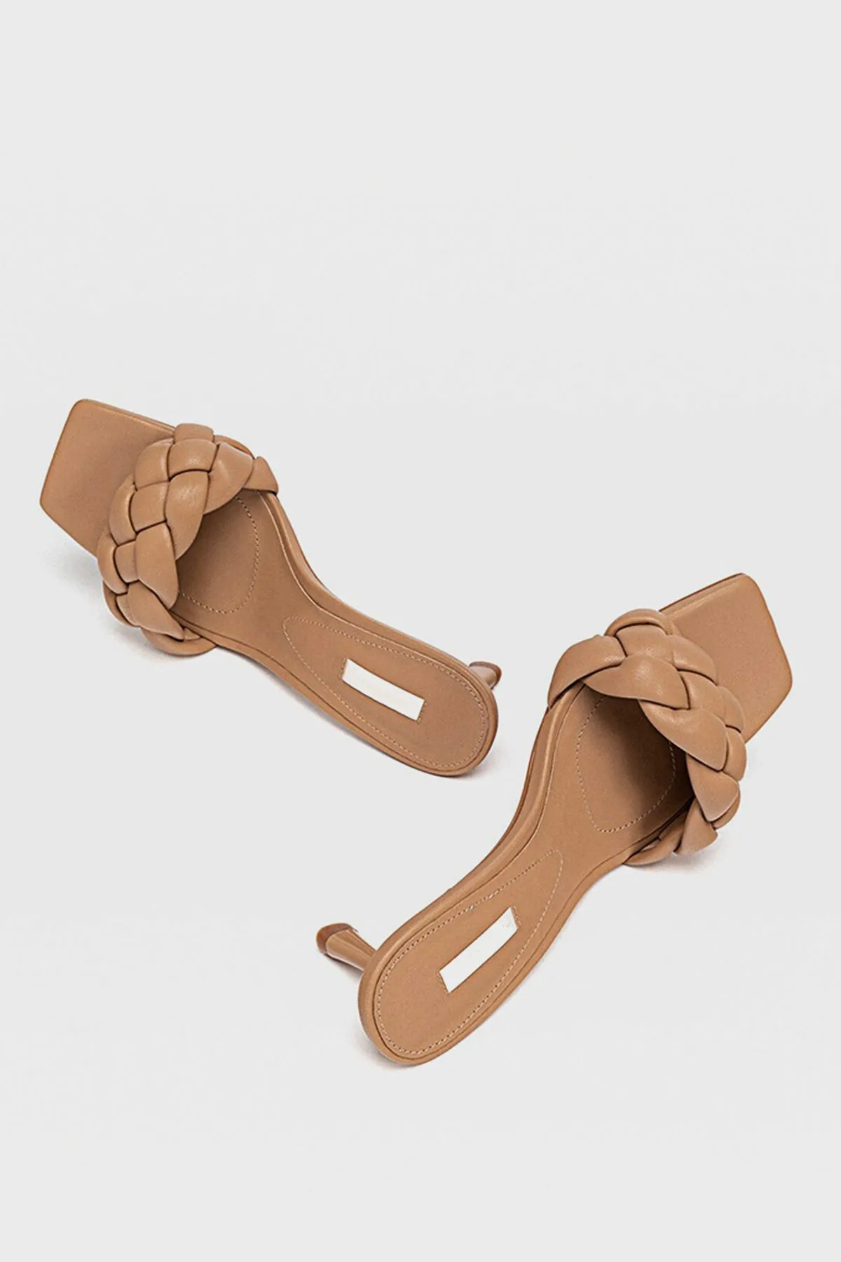 Women's Wide Fit Square Peep Toe leather Woven Mules Chunky Braid Heels  Padded Kitten Sandal In Nude