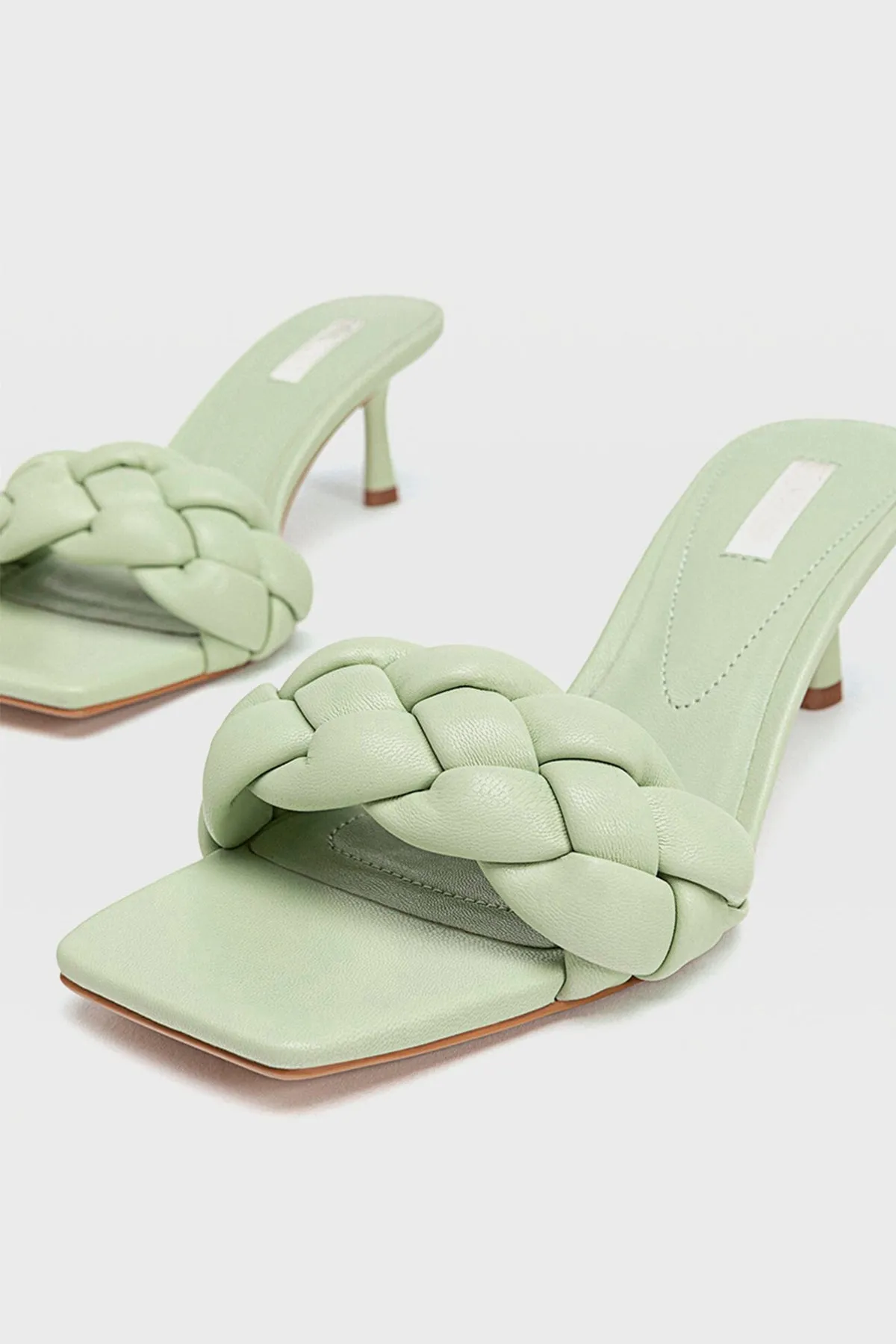 Women's Wide Fit Square Peep Toe leather Woven Mules Chunky Braid Heels  Padded Kitten Sandal In Nude