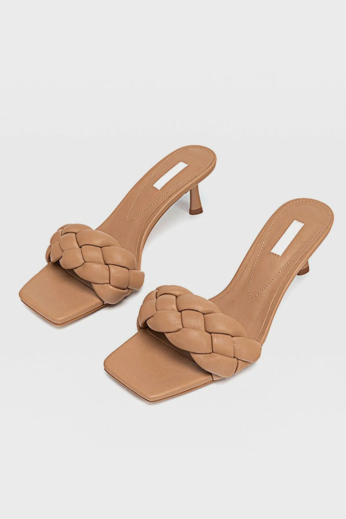 Women's Wide Fit Square Peep Toe leather Woven Mules Chunky Braid Heels  Padded Kitten Sandal In Nude