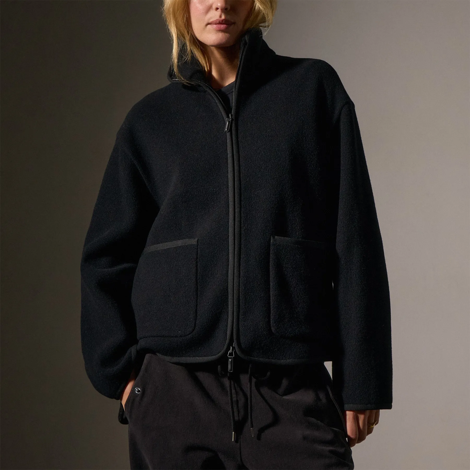 Wool Jersey Zip Up Jacket - Black