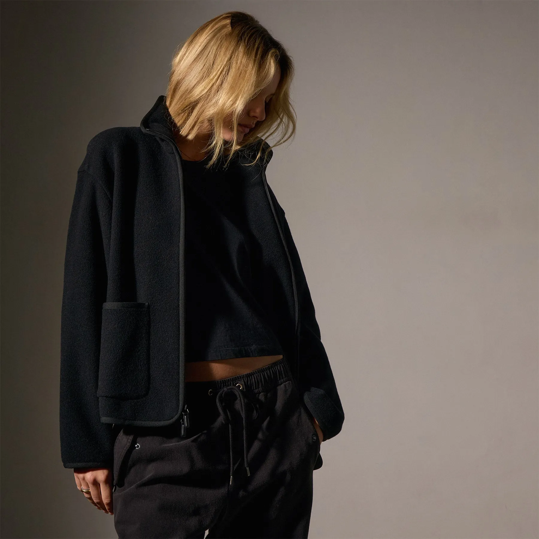 Wool Jersey Zip Up Jacket - Black