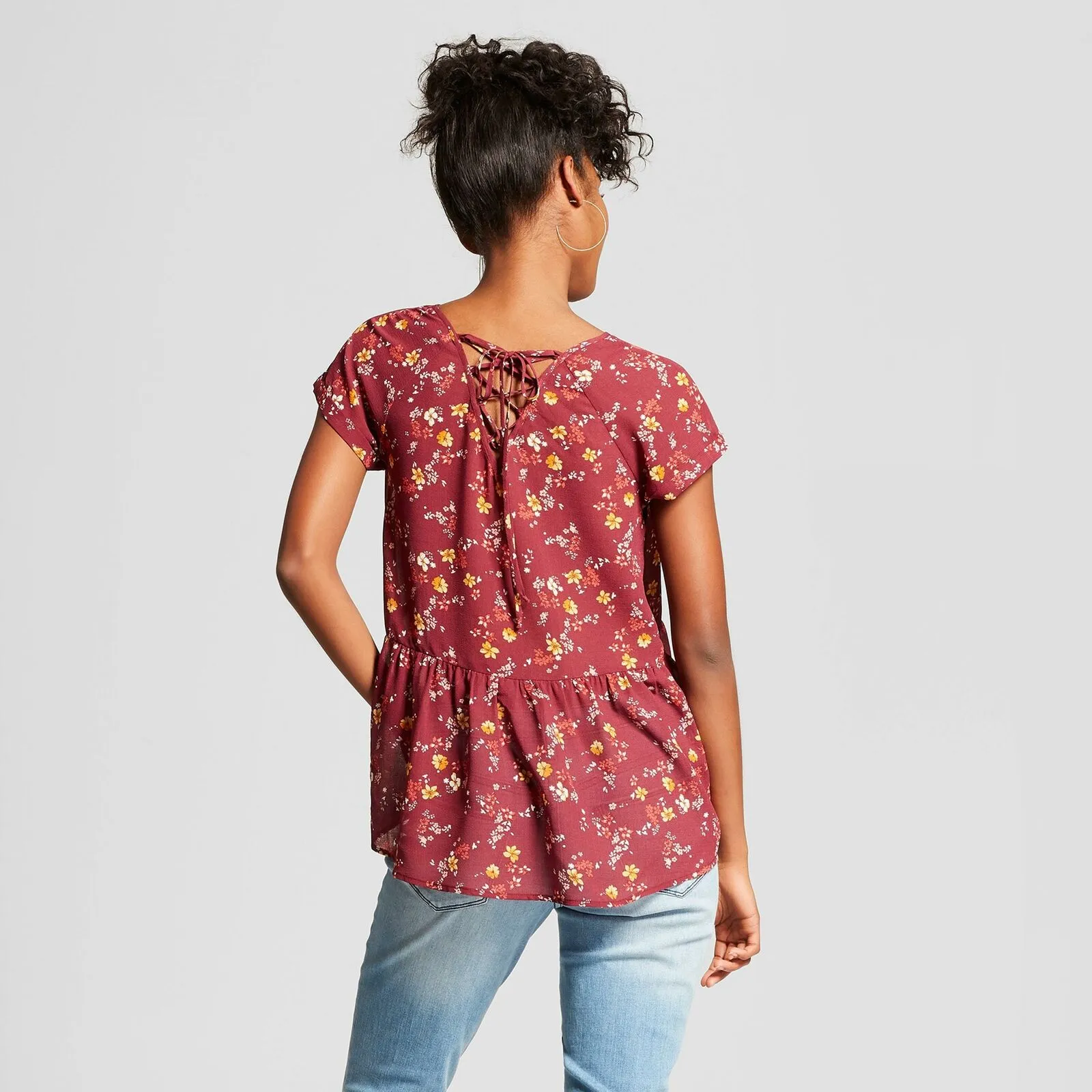 Xhilaration Women's Floral Peplum Short Sleeve Lace-Up Blouse Shirt Top